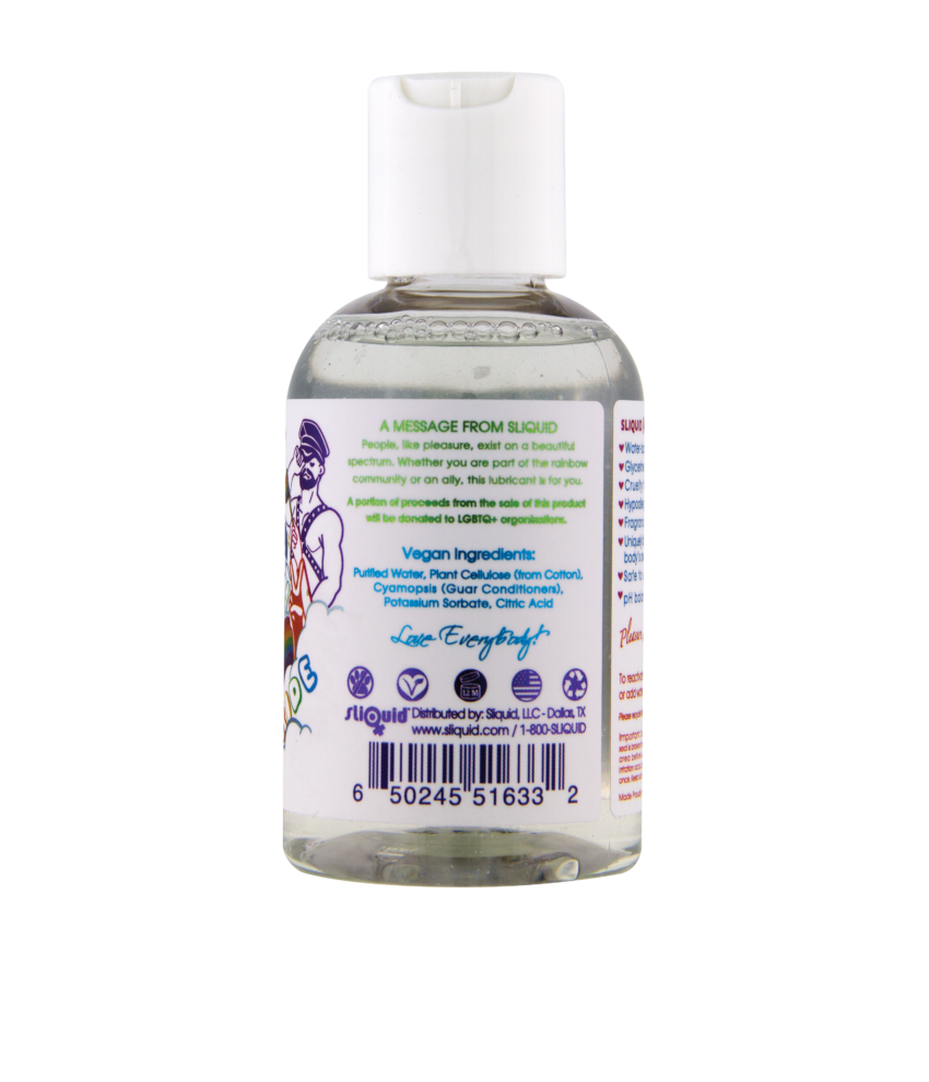 A bottle of Sliquid Sparkle Pride water-based lubricant with vegan ingredients.