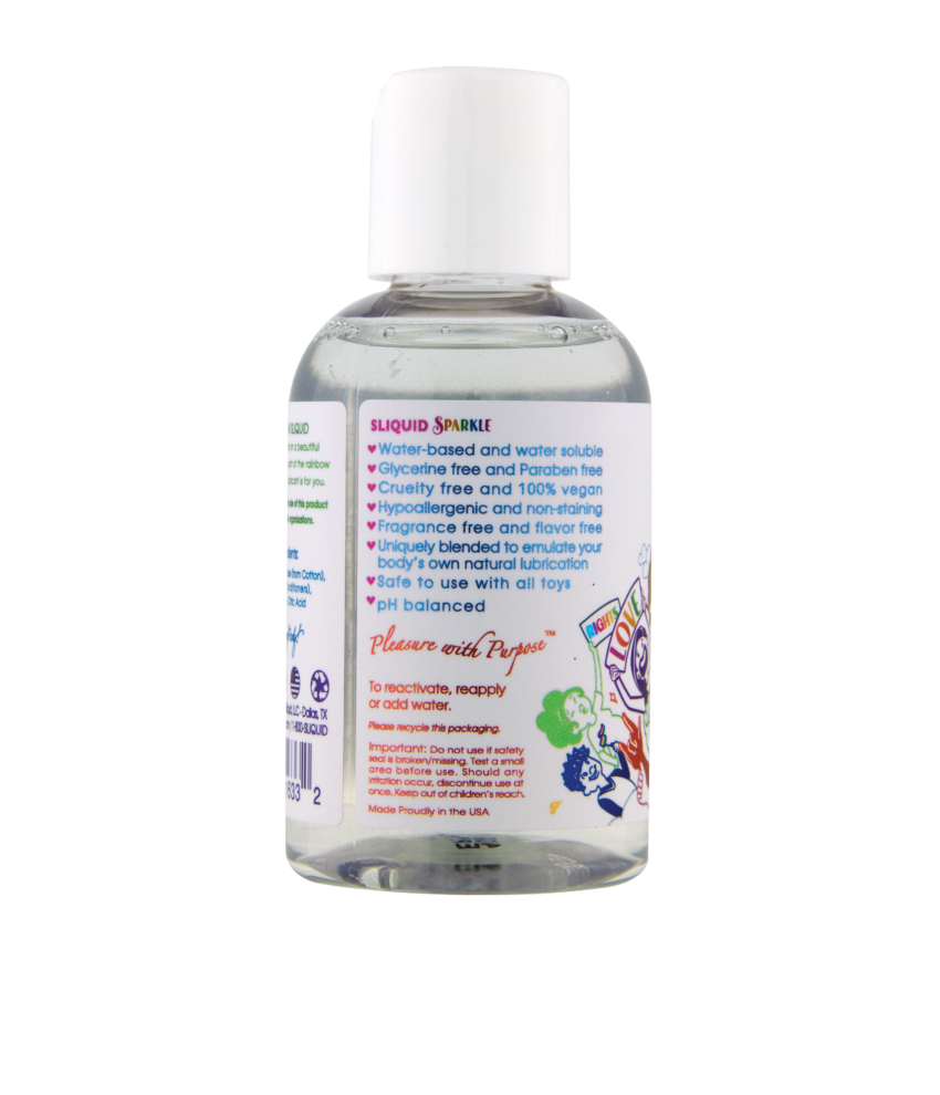 A clear bottle of Sliquid Sparkle water-based lubricant with pride-themed graphics.