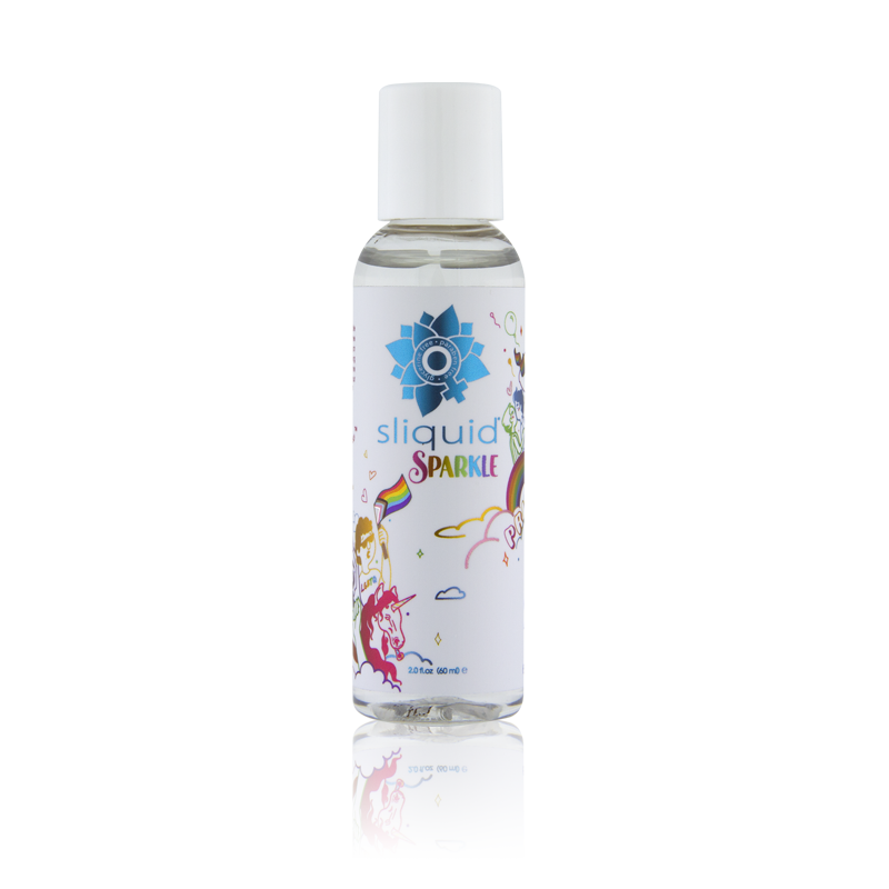 A bottle of Sliquid Sparkle water-based personal lube with rainbow and unicorn graphics.