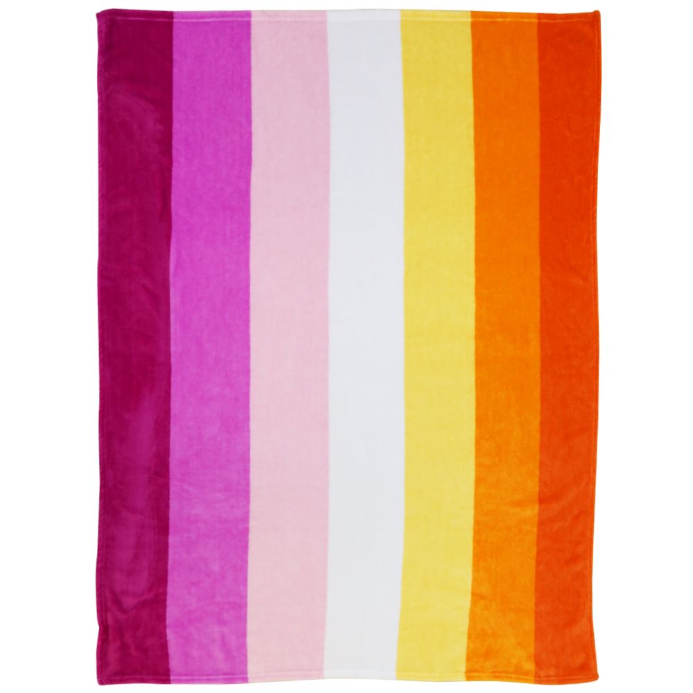 A plush fleece blanket with vertical stripes in shades of pink, white, yellow, and orange.