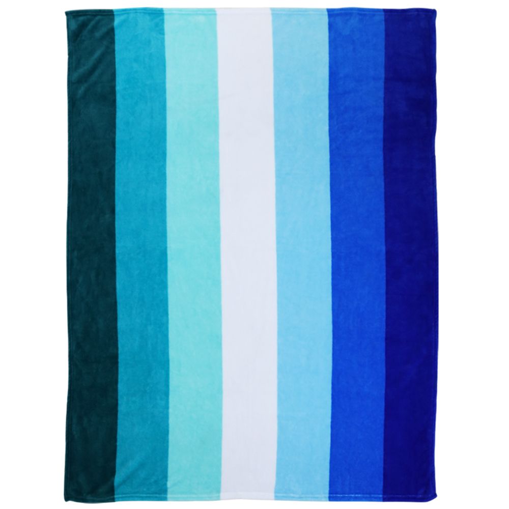 A soft fleece blanket with vertical stripes in shades of blue and white.