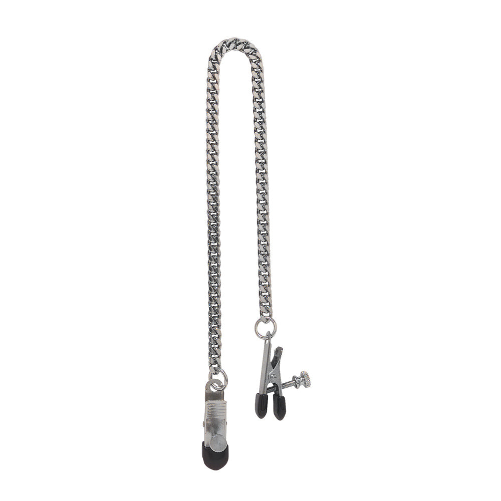Adjustable broad tip nipple clamps with a jewel chain.