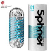 Tenga Spinner 01 Tetra reusable male masturbator with blue spiral texture.