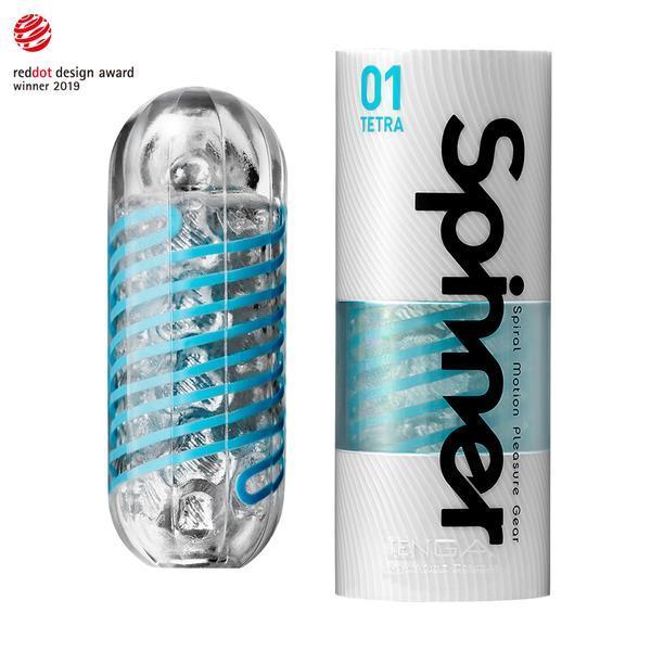 Tenga Spinner 01 Tetra reusable male masturbator with blue spiral texture.