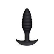 Black textured silicone anal plug with a curved base.