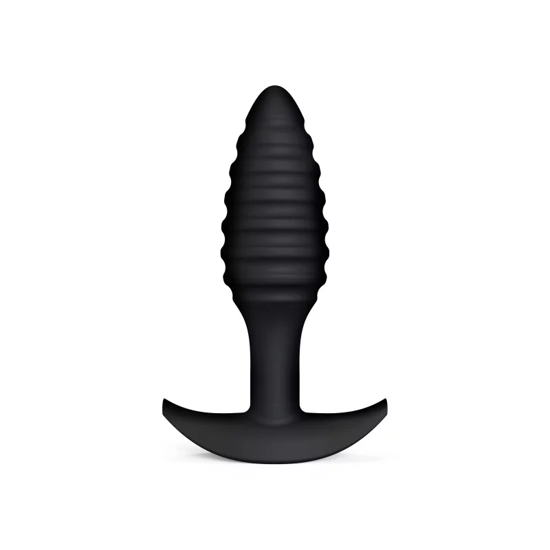 Black textured silicone anal plug with a curved base.