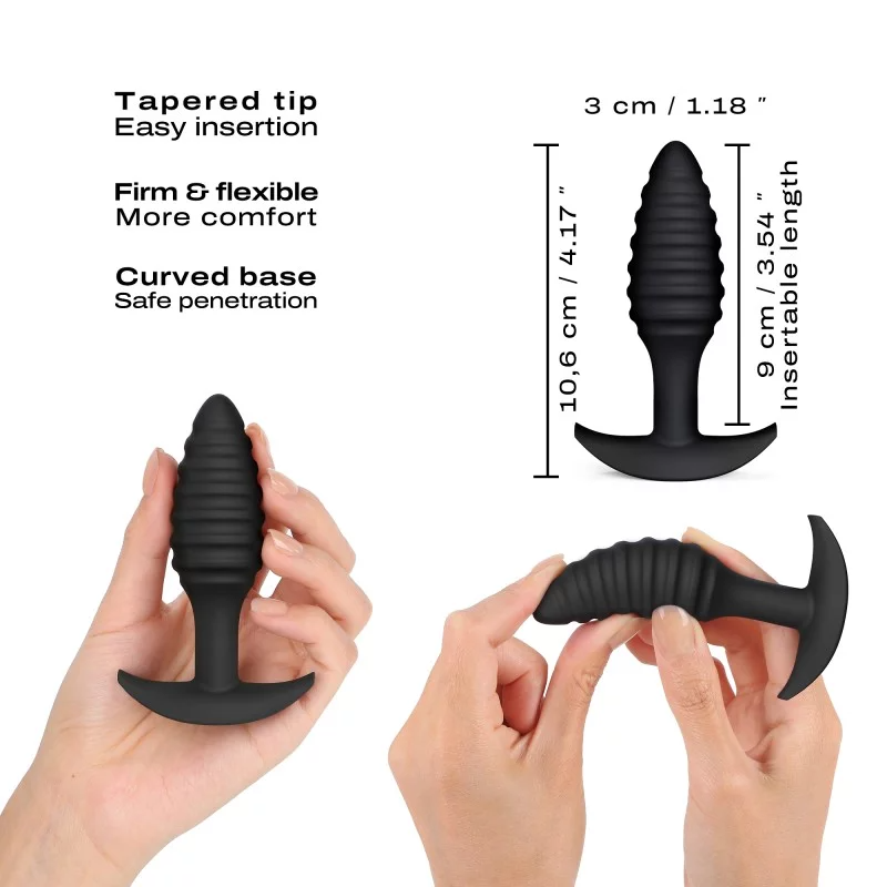 Black textured silicone anal plug with a tapered tip and curved base.
