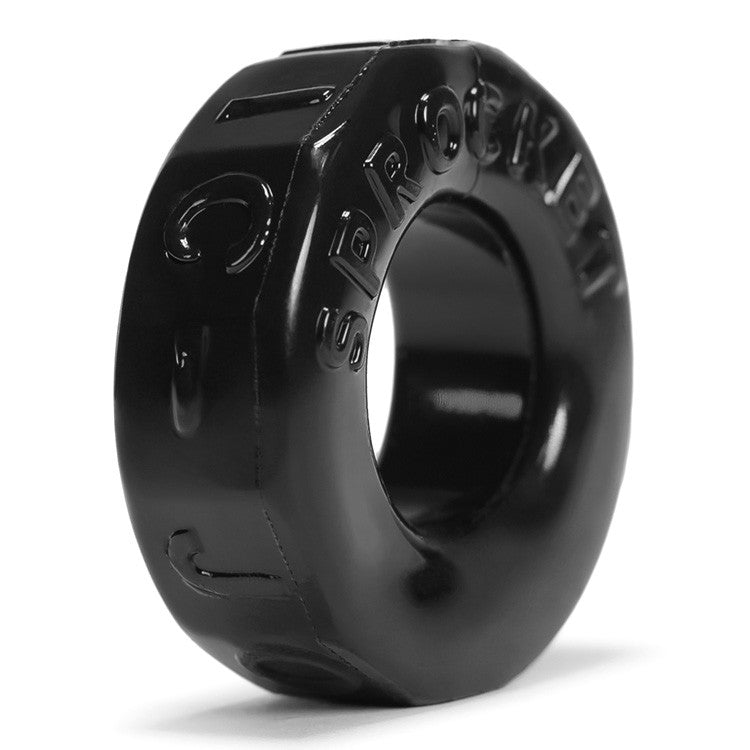 Black Sprocket Stretchy FLEXtpr cock ring with embossed lettering.