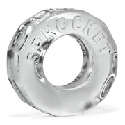 Clear, hexagonal TPR cock ring with "SPROCKET" embossed on the surface.
