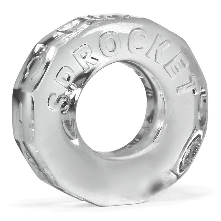 Clear, hexagonal TPR cock ring with "SPROCKET" embossed on the surface.