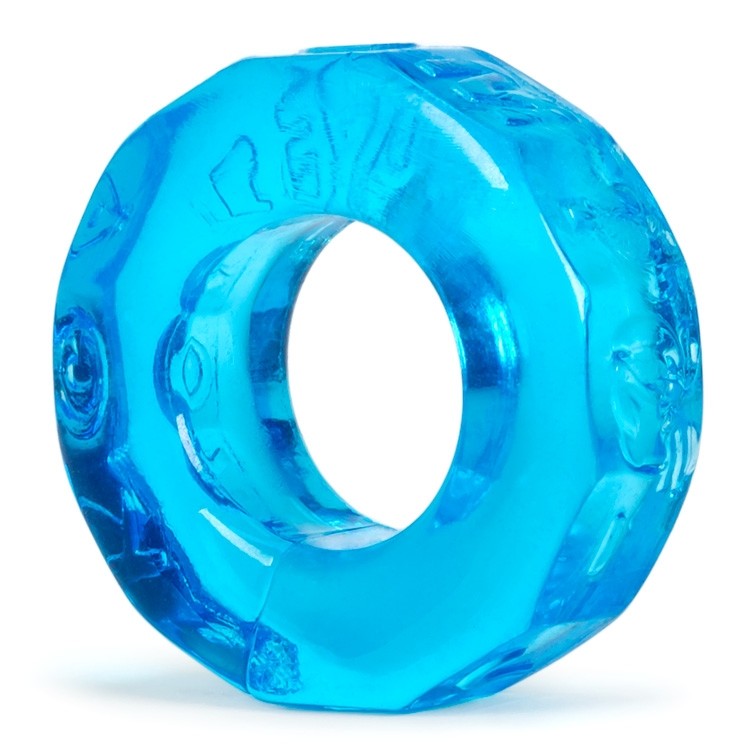 A blue, octagonal, stretchy TPR cock ring with embossed patterns.