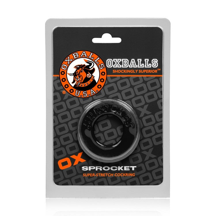Black Oxballs Sprocket super-stretch cockring in packaging.