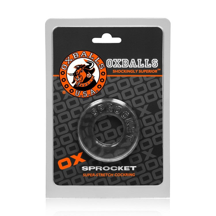 Oxballs Sprocket clear TPR cock ring in packaging.