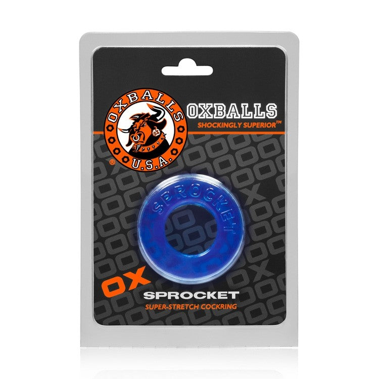 An ice blue Oxballs Sprocket cock ring in its packaging.