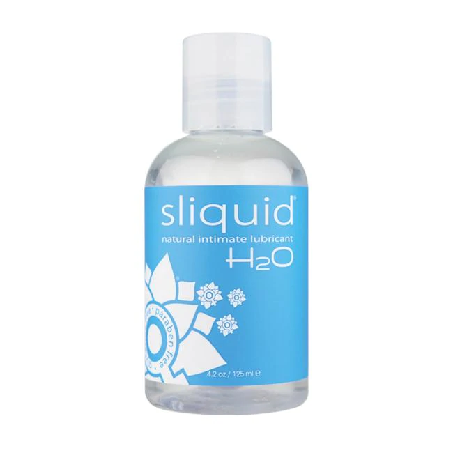 Sliquid H2O natural intimate lubricant in a clear bottle with a blue label.