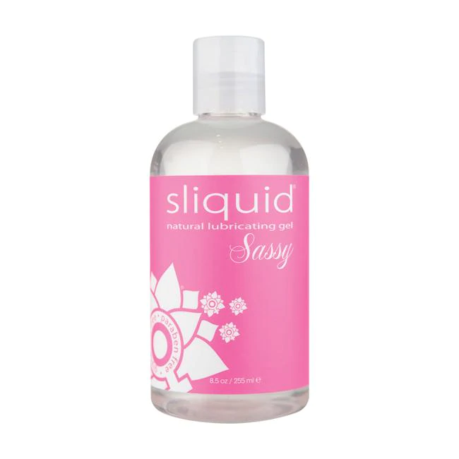 Sliquid Sassy natural lubricating gel in a clear bottle with a pink label.