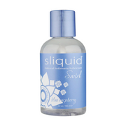 Sliquid Blue Raspberry water-based lubricant in a clear bottle with a blue label.