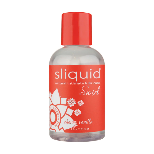 Sliquid Cherry Vanilla flavored water-based lubricant in a clear bottle with a red cap.