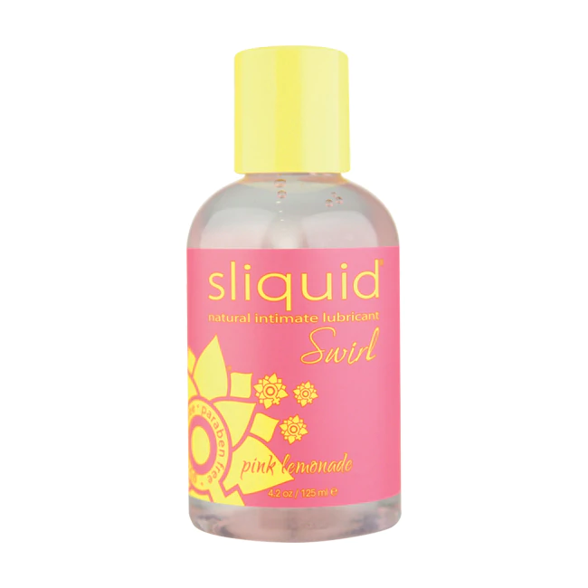 Sliquid Naturals Pink Lemonade flavored water-based lubricant in a pink bottle.