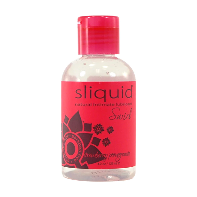 A bottle of Sliquid Strawberry Pomegranate flavored water based lubricant.