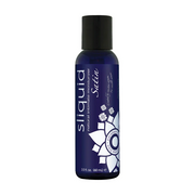 Sliquid Satin water-based intimate moisturizer in a dark blue bottle.