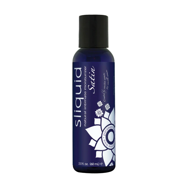 Sliquid Satin water-based intimate moisturizer in a dark blue bottle.