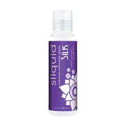 Sliquid Silk natural intimate glide lubricant in a clear bottle with a purple label.