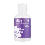 Sliquid Silk intimate hybrid lubricant in a white bottle with a purple label.