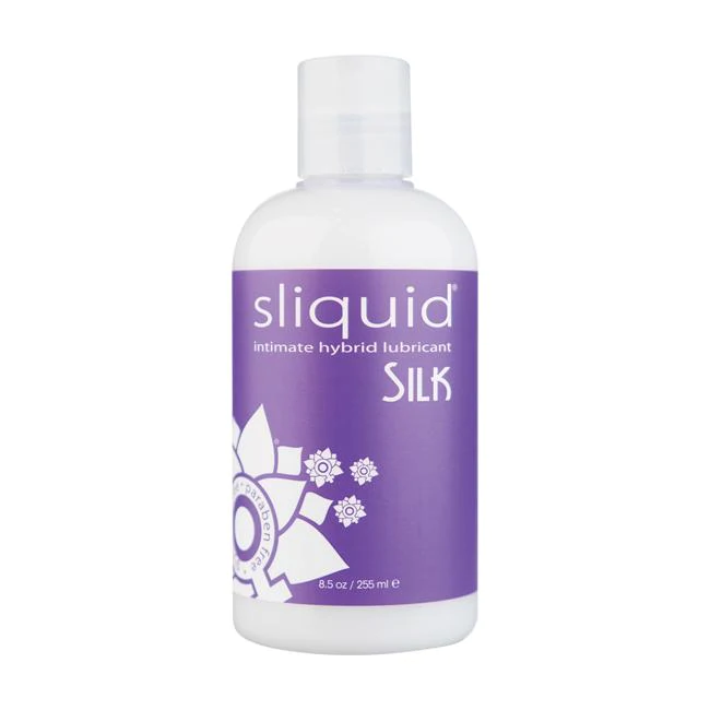 Sliquid Silk intimate hybrid lubricant in an 8.5oz bottle.