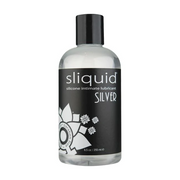 Sliquid Silver silicone intimate lubricant in a clear bottle with a black cap.