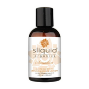 Sliquid Organics Sensation stimulating intimate lubricant in a brown bottle.