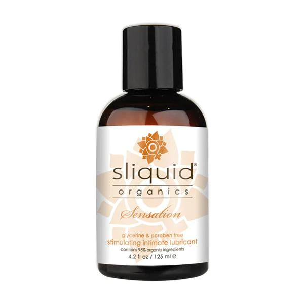 Sliquid Organics Sensation stimulating intimate lubricant in a brown bottle.