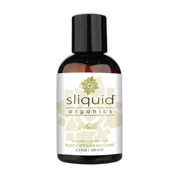 Sliquid Organics Silk hybrid intimate lubricant in a brown bottle.