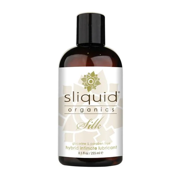 Sliquid Organics Silk hybrid intimate lubricant in an 8.5 oz bottle.