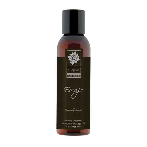 Sliquid Balance Escape massage oil in a dark bottle with a black cap.
