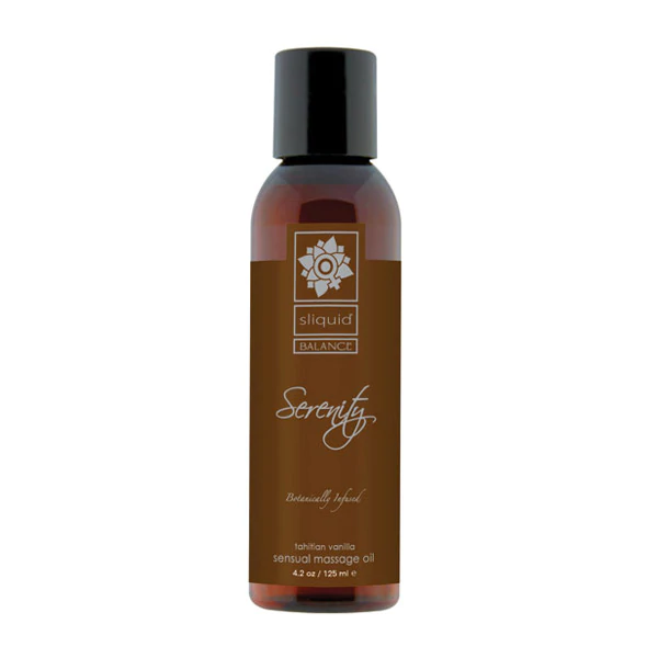 Sliquid Balance Serenity Tahitian Vanilla sensual massage oil bottle.