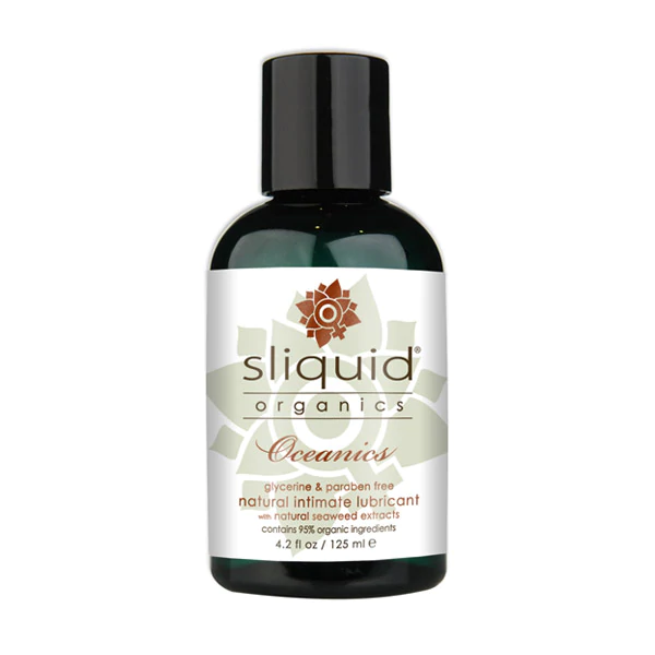 Sliquid Organics Oceanics natural intimate lubricant in a dark green bottle.