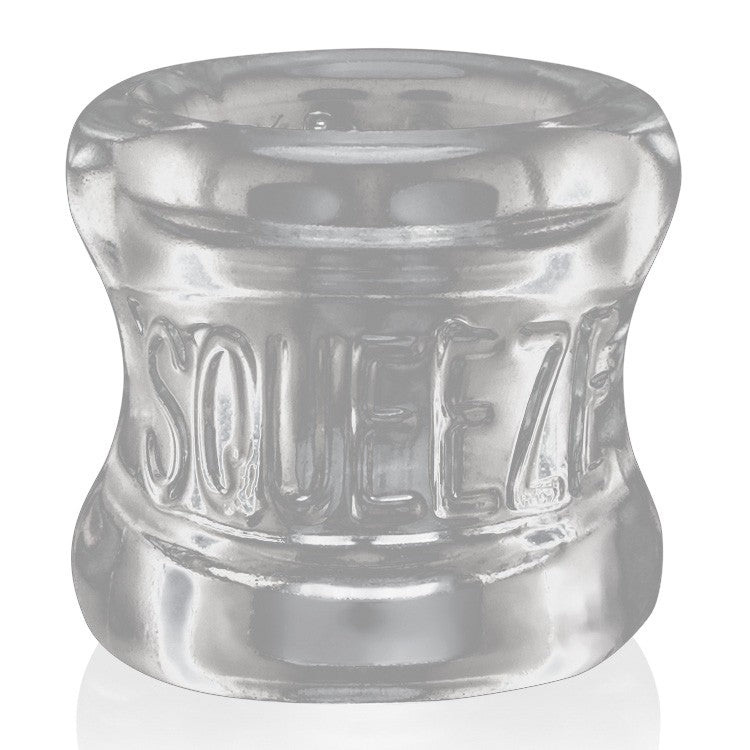 Clear FLEXtpr ergonomic ball stretcher with the word "Squeeze" embossed.