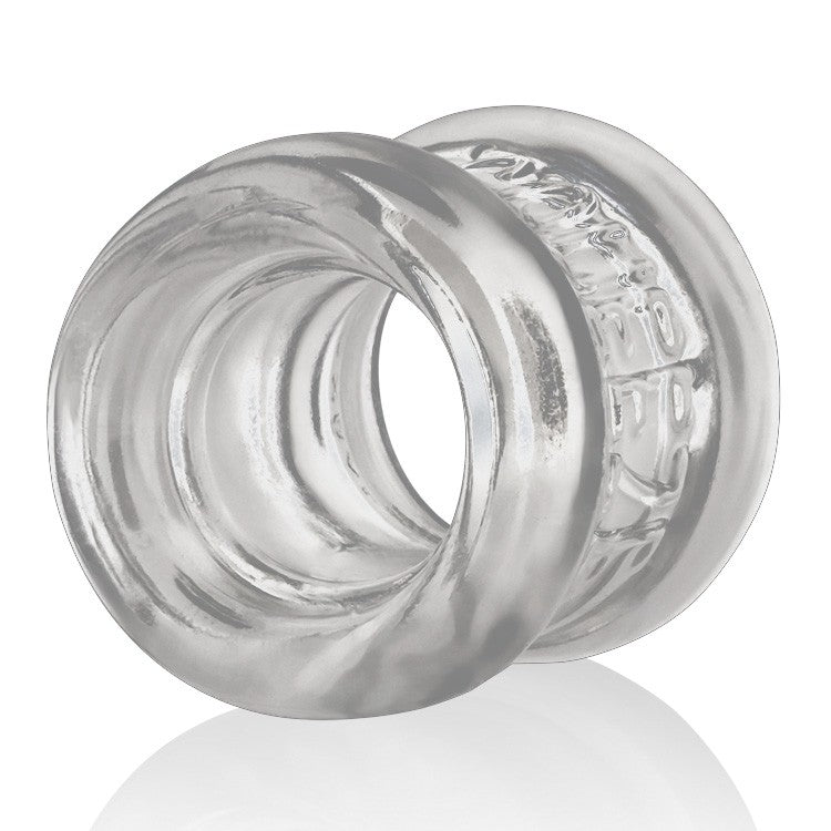 Clear FLEXtpr ergonomic ball stretcher with a curved hourglass shape.
