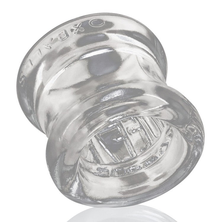 Clear ergonomic ball stretcher with textured interior and embossed logo.
