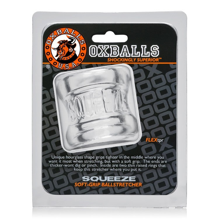 Clear FLEXtpr Squeeze ball stretcher with hourglass shape and raised rings.