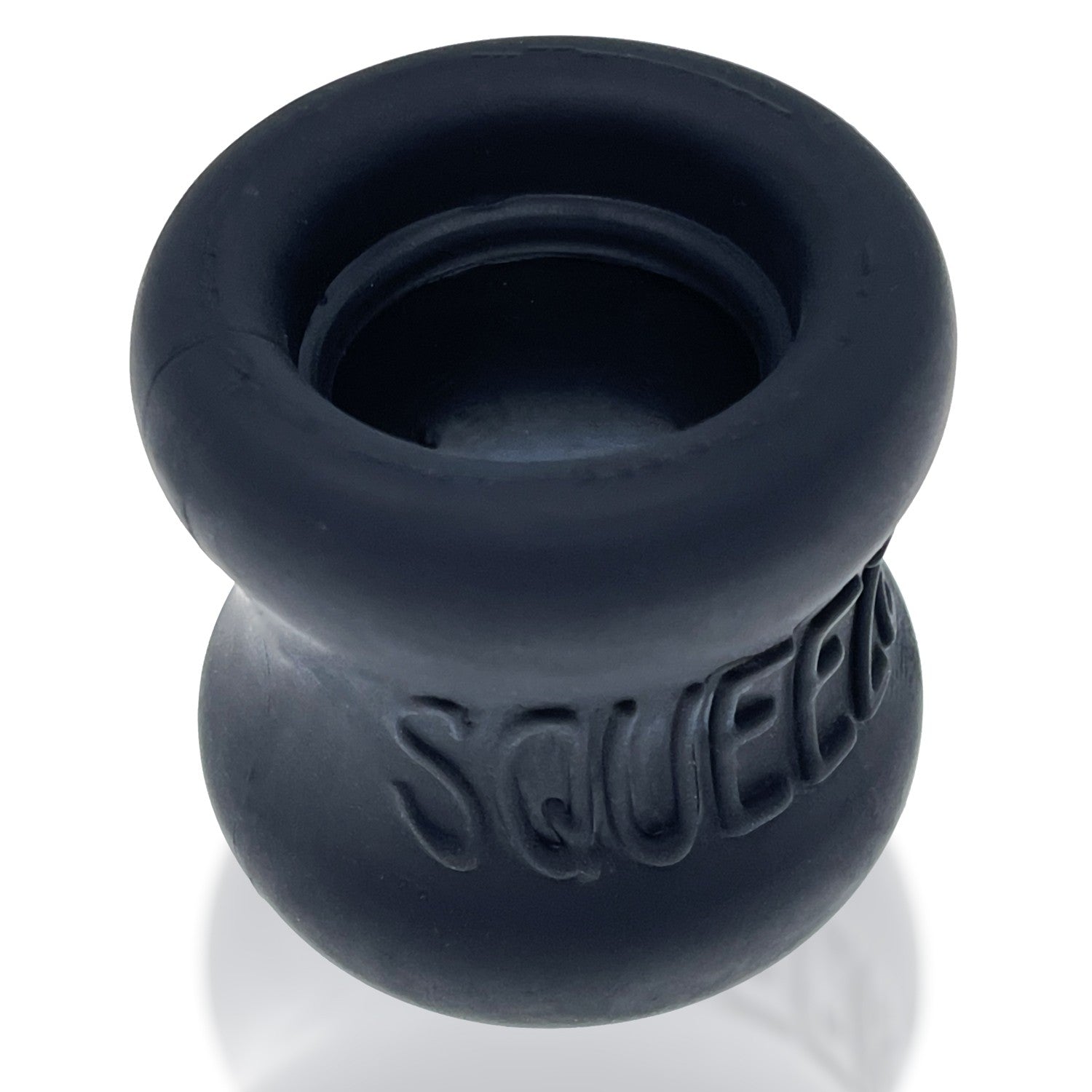 A black, soft rubber ball stretcher with the word "SQUEEZE" embossed on it.