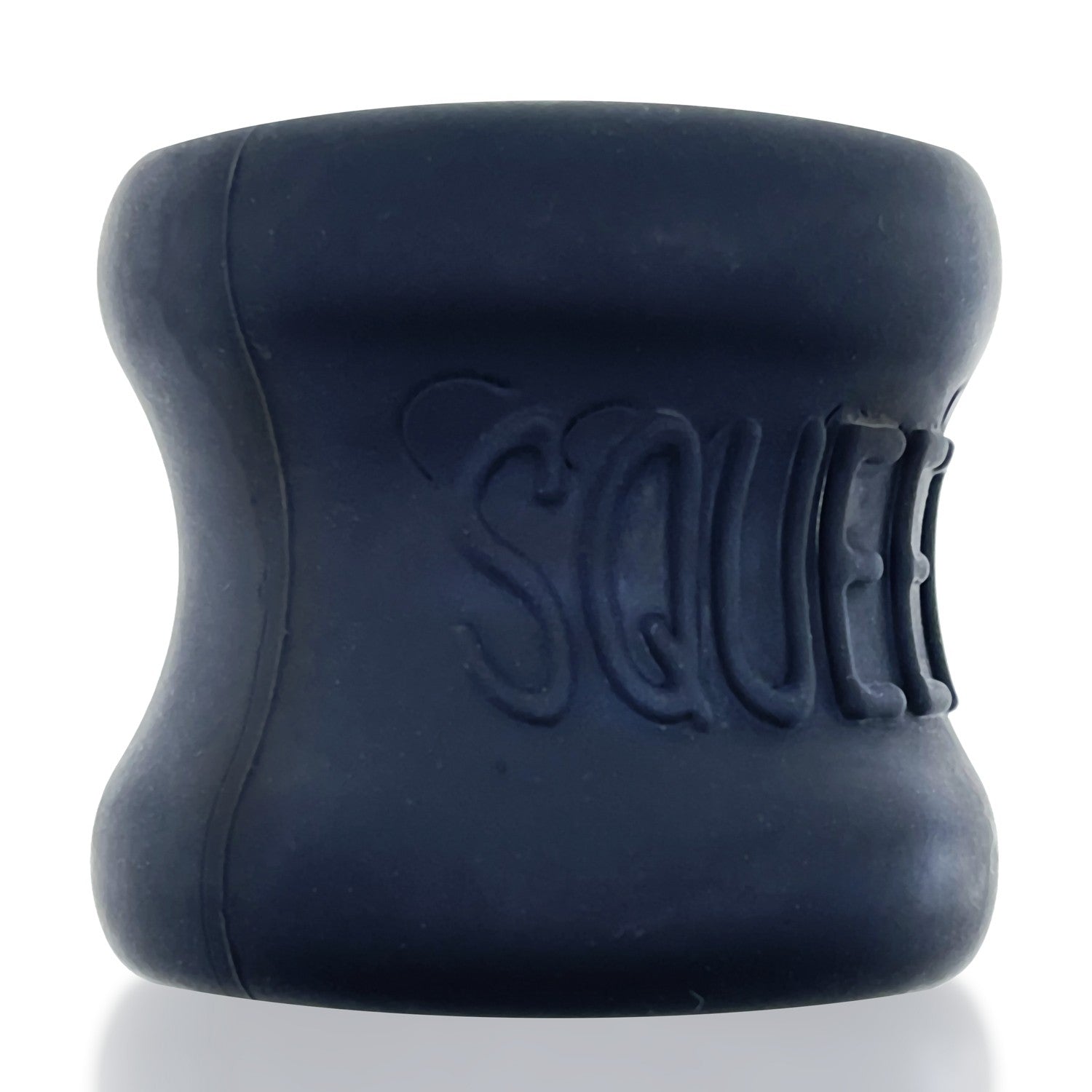 A dark blue, hourglass-shaped ball stretcher with the word "SQUEEZE" embossed on it.
