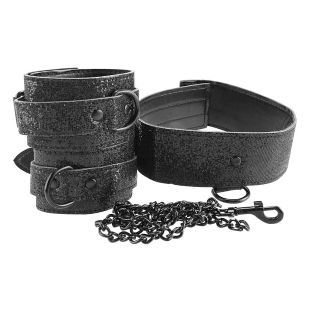 Black glitter collar, cuffs, and chain set.