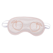 Pink satin blindfold with peach embroidery and elastic bands.
