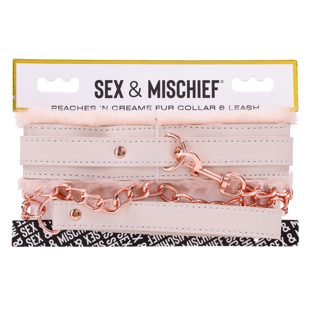 Peach faux fur lined collar and leash set with rose gold hardware.