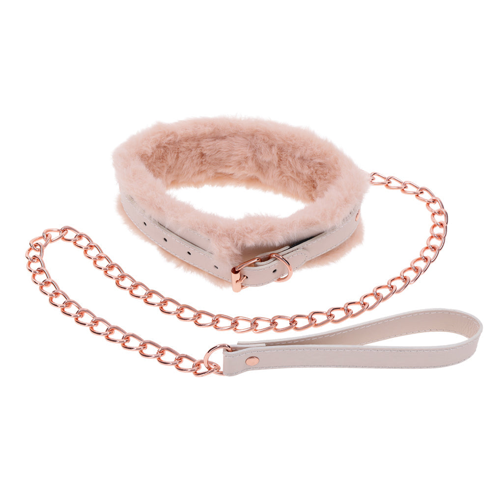 Peach faux fur lined collar and leash set with rose gold hardware.