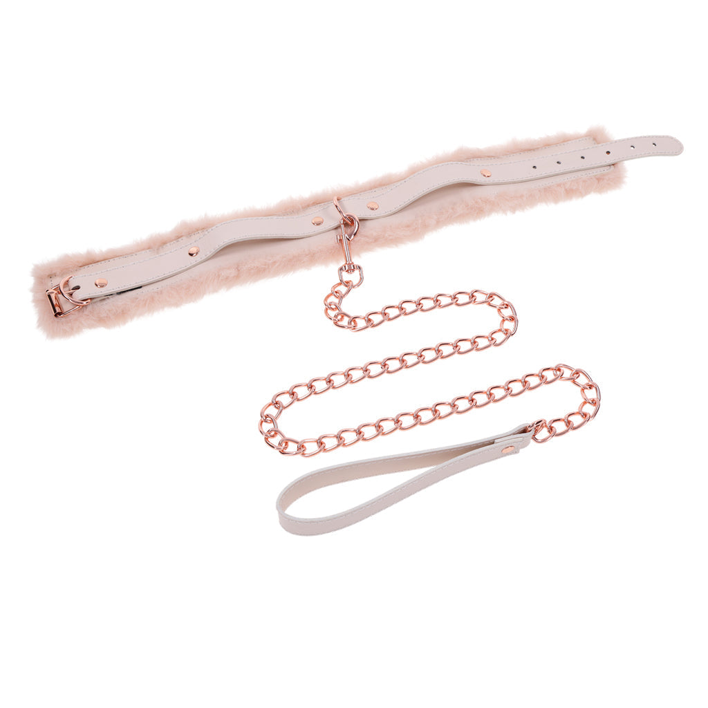 Peach faux fur lined collar and leash set with rose gold hardware.