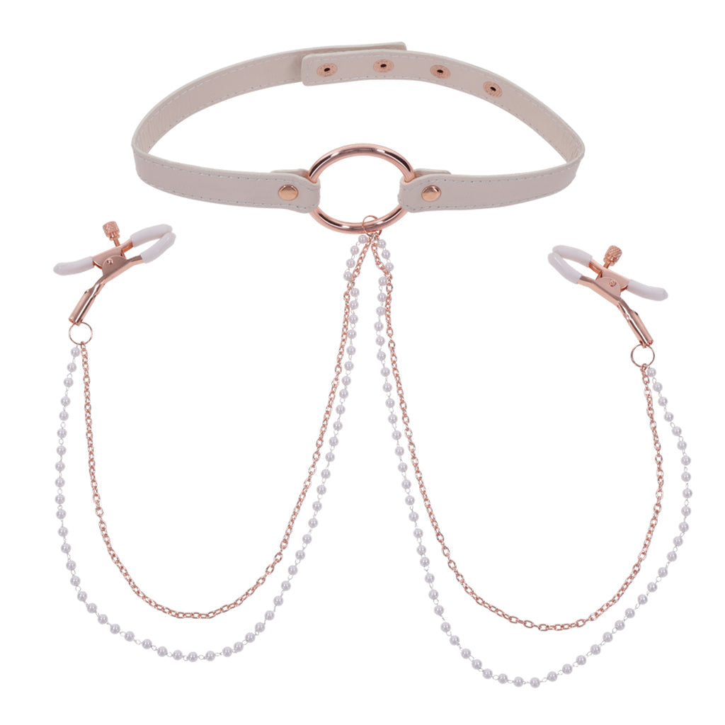 Faux leather collar with rose gold ring, pearl chains, and adjustable nipple clamps.