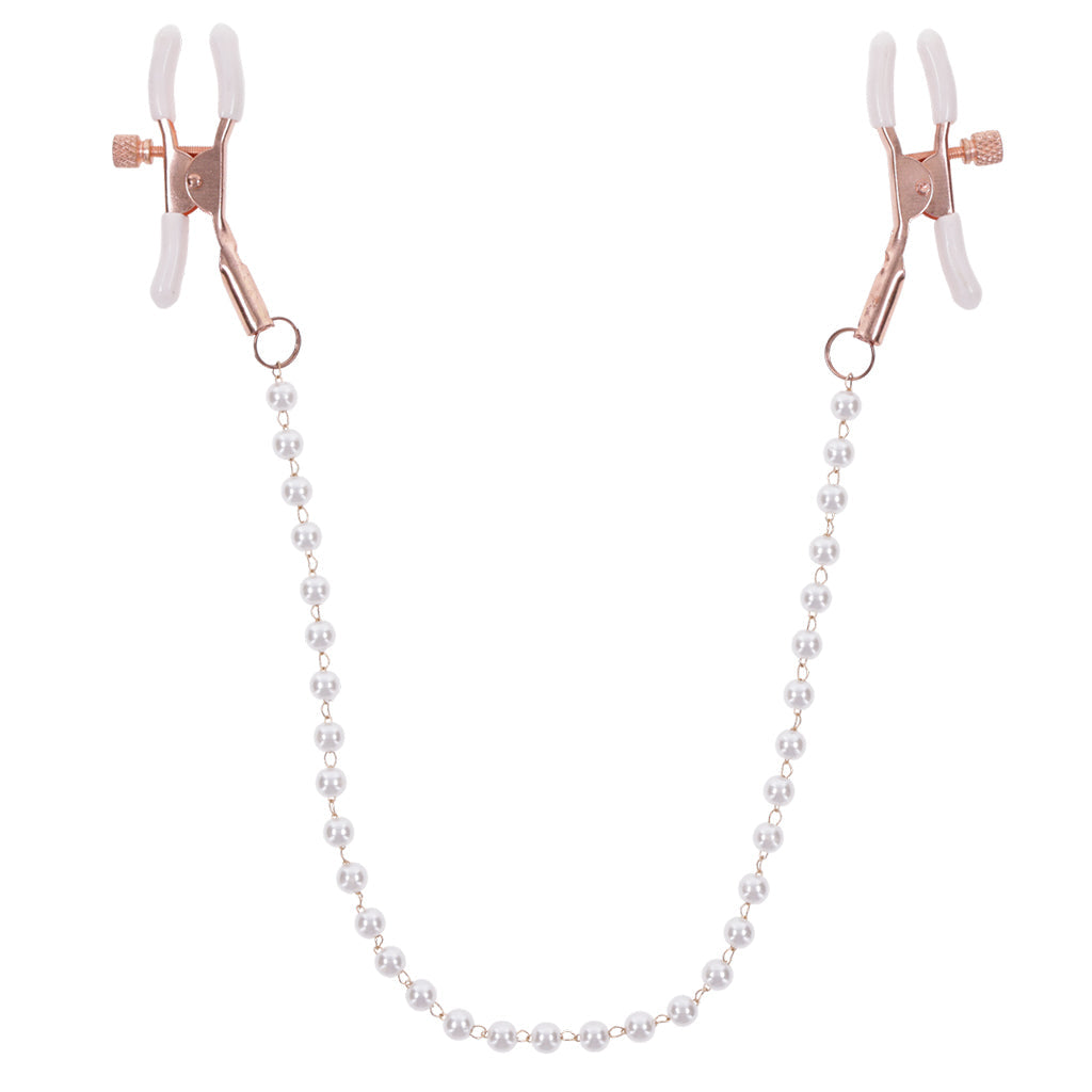 Rose gold nipple clamps with a pearl chain.